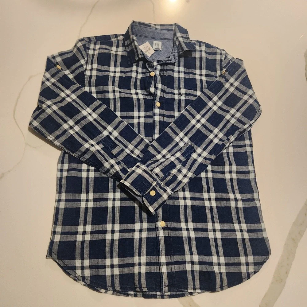 Gap Kids Long Sleeve Plaid Button‎ Up Shirt Blue White Size XL 12 NWT